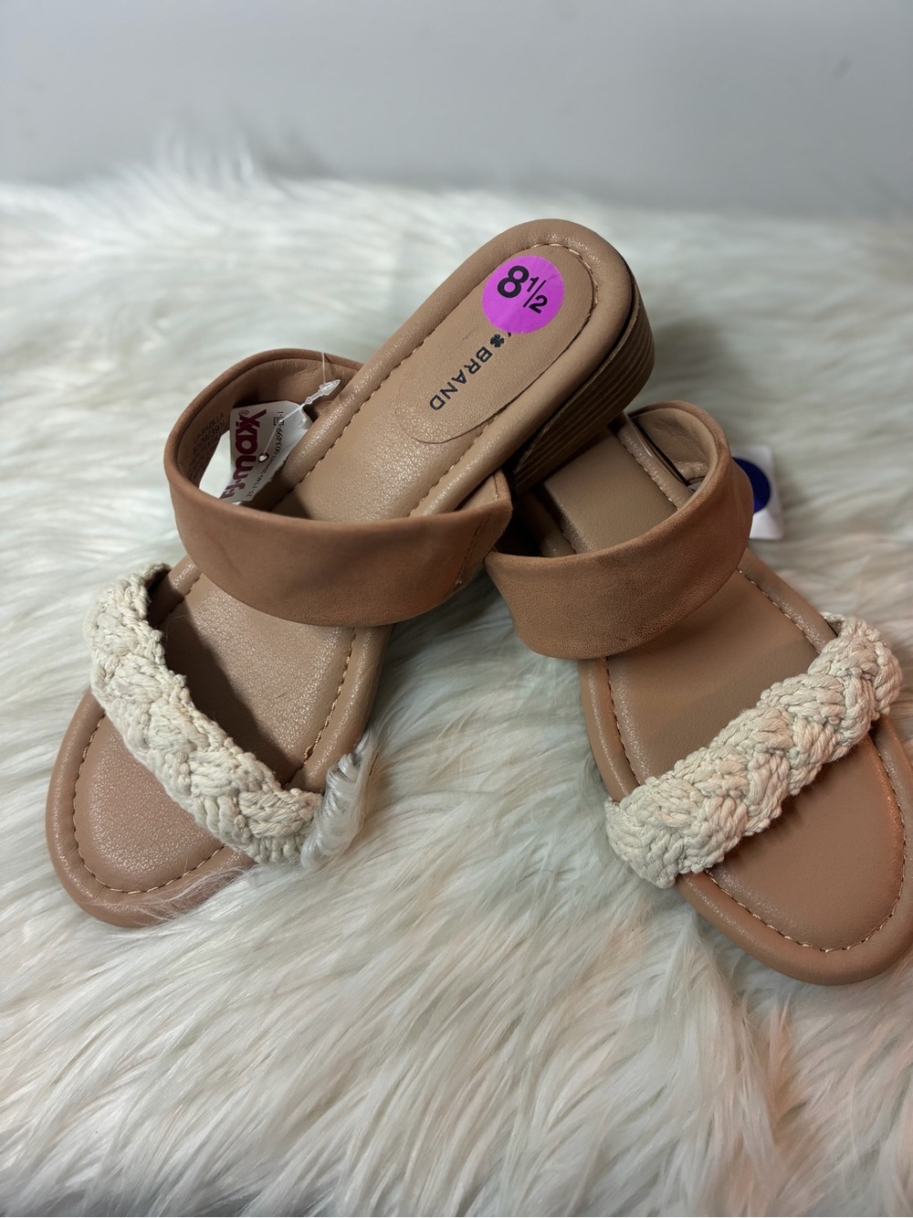 Lucky Brand Tan Slide Sandals with Cream Braided Strap